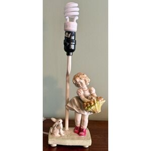 Vtg APPLE BASKET GIRL & RABBIT Table Lamp ENAMELED METAL Italy W Labels